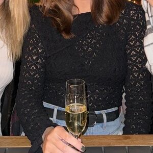 Free People Black Long Sleeve Textured Lacey Top